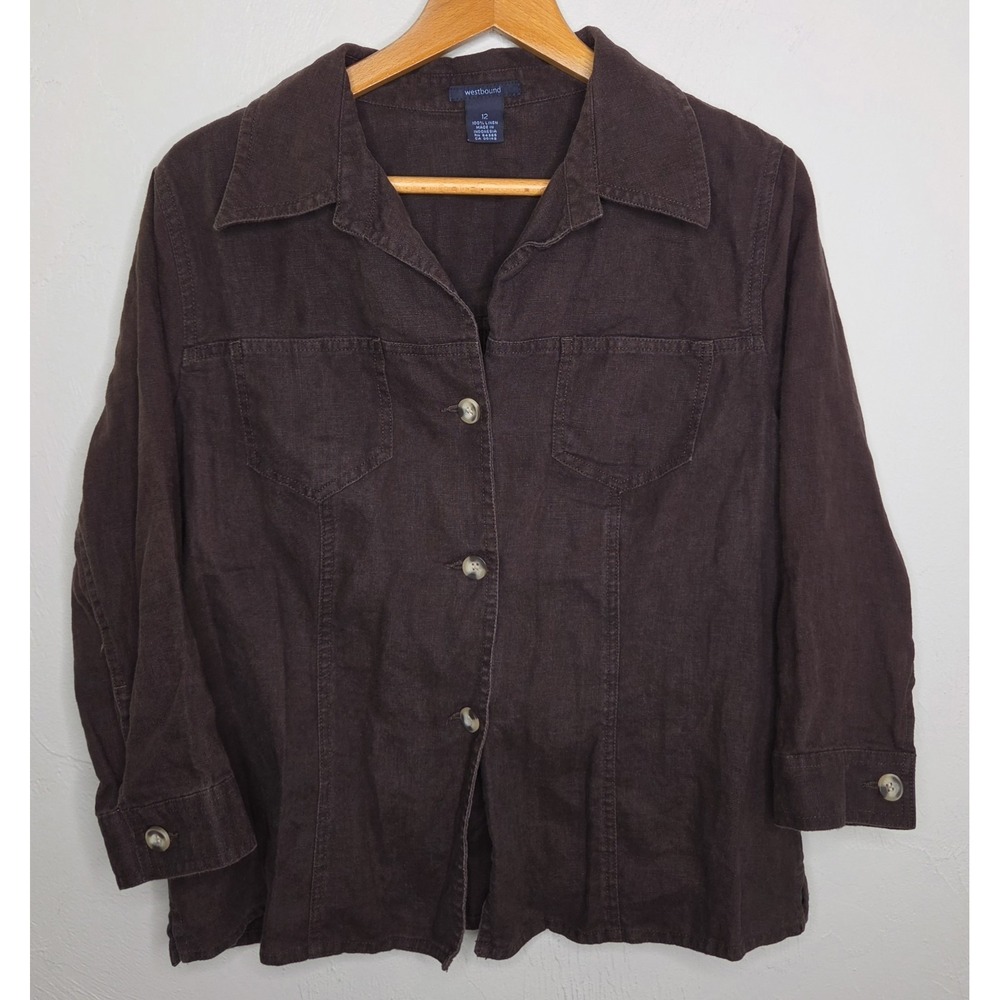 Westbound Women's Size 12 Brown 100% Linen Button Up Top Blouse Light Over Coat